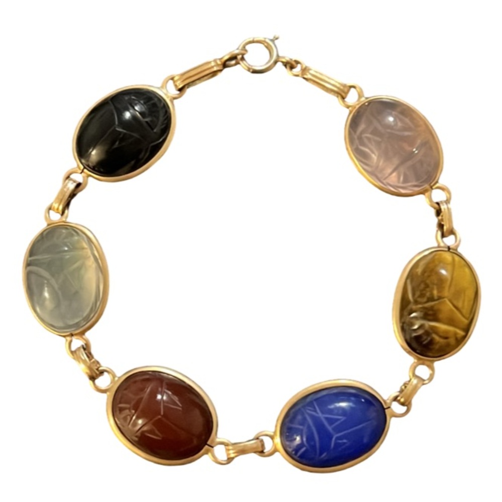 Vintage Art Deco 14K Gold Multicolor Egyptian Scarab Gemstone Bracelet